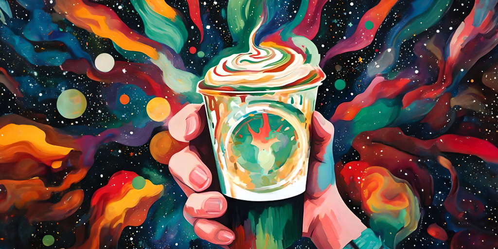 A hand holding a vibrant, swirling cup of coffee against a cosmic backdrop, symbolizing the interplay of colors and unexpected perceptions, inspired by the Stroop Effect in UX design.
