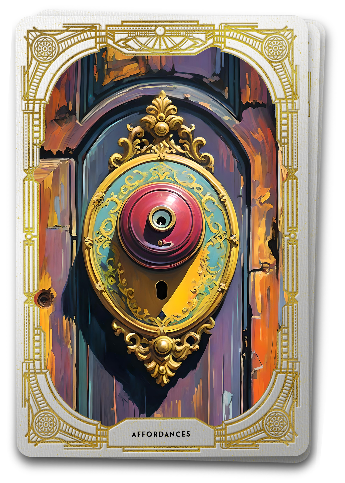 A tarot card with the illustration of an ornate doorknob symbolic of the concept of Affordances is UX design.