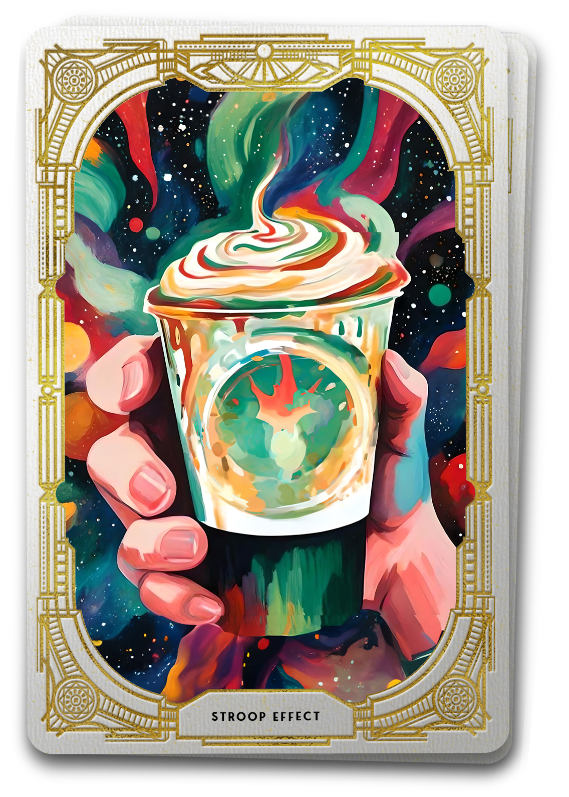 A tarot card with the image of a hand holding a vibrant, swirling cup of coffee against a cosmic backdrop, symbolizing the interplay of colors and unexpected perceptions, inspired by the Stroop Effect in UX design.