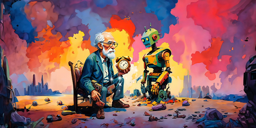 An old man and an antiquated robot are frustrated with each other over delays illustrating the nature of the Doherty Threshold in UX design.