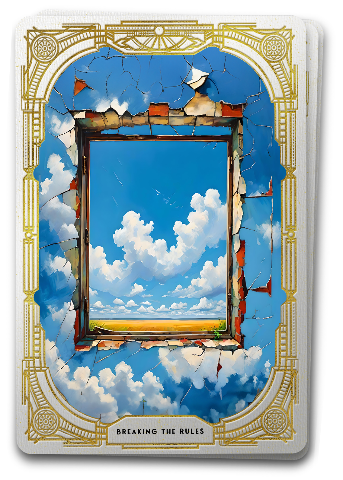 Tarot card featuring an image of a cracked and chipping façade of the painted sky on a brick wall breaks away to reveal a clearer vision of the sky symbolic of the notion of breaking the rules of UX design.