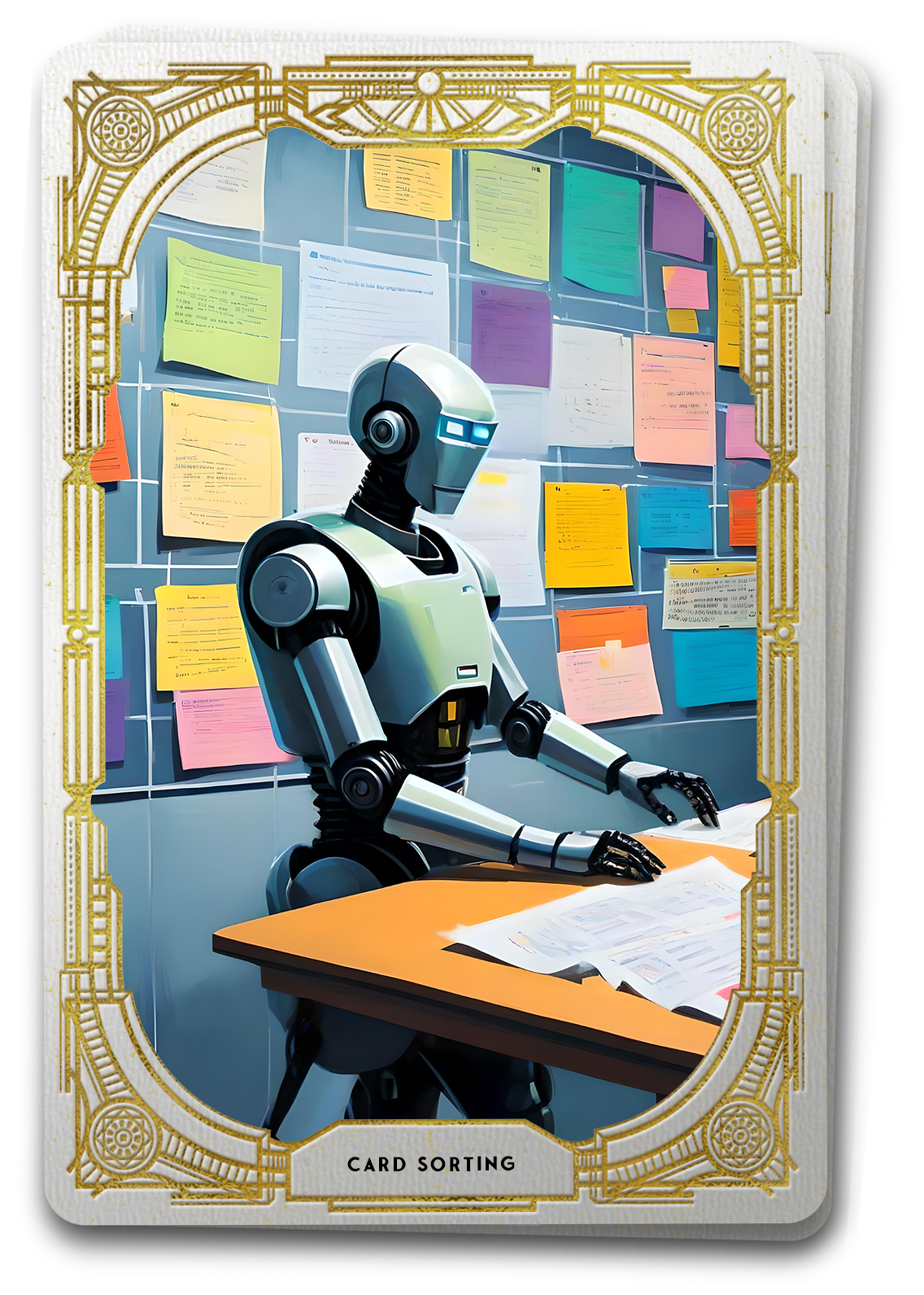 Tarot card featuring the image of a robot user creates an information architecture by organizing concepts into groups symbolic of the card sorting methodology in UX design.