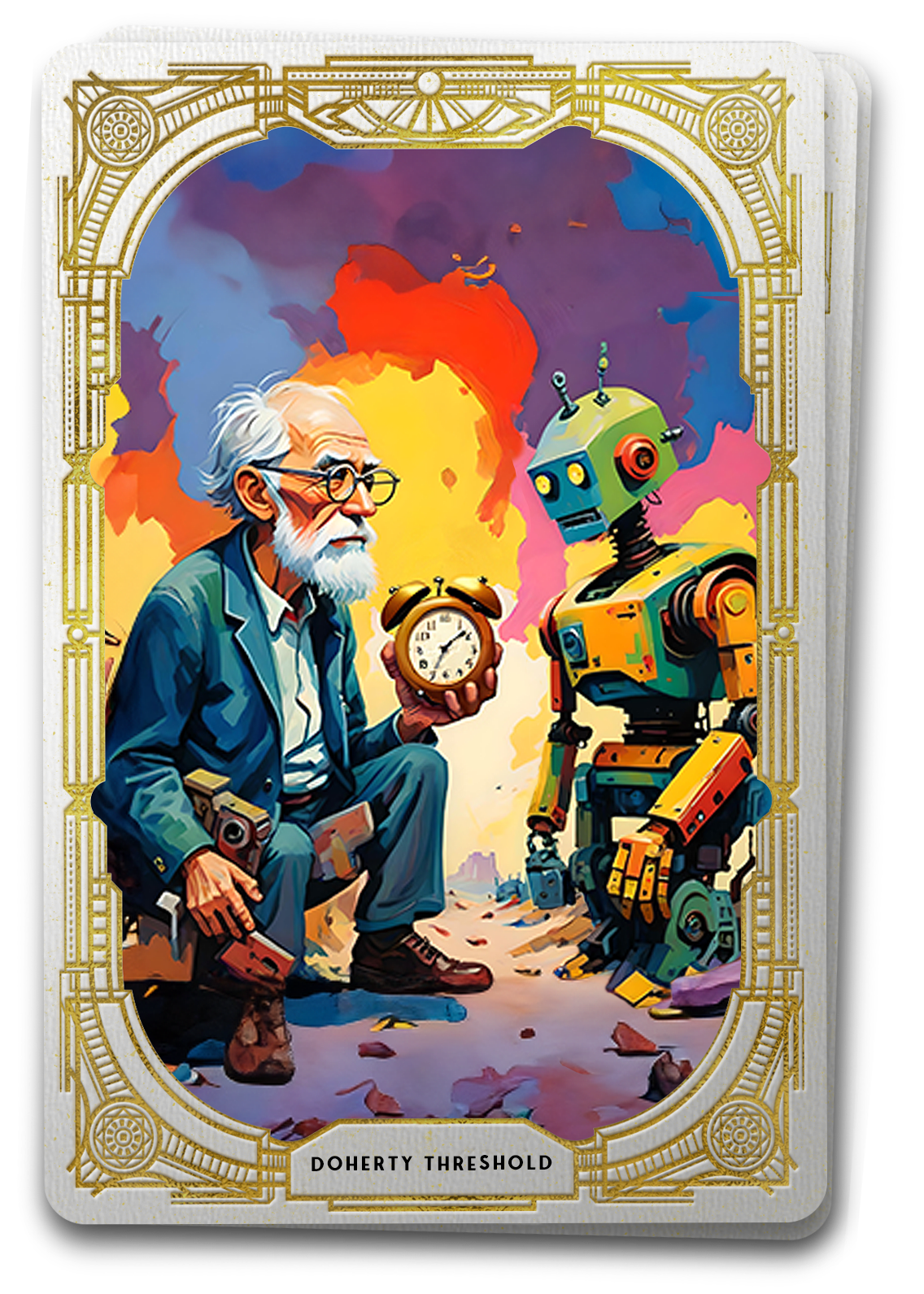 A Tarot Card featuring the image of an old man and an antiquated robot are frustrated with each other over delays illustrating the nature of the Doherty Threshold in UX design.