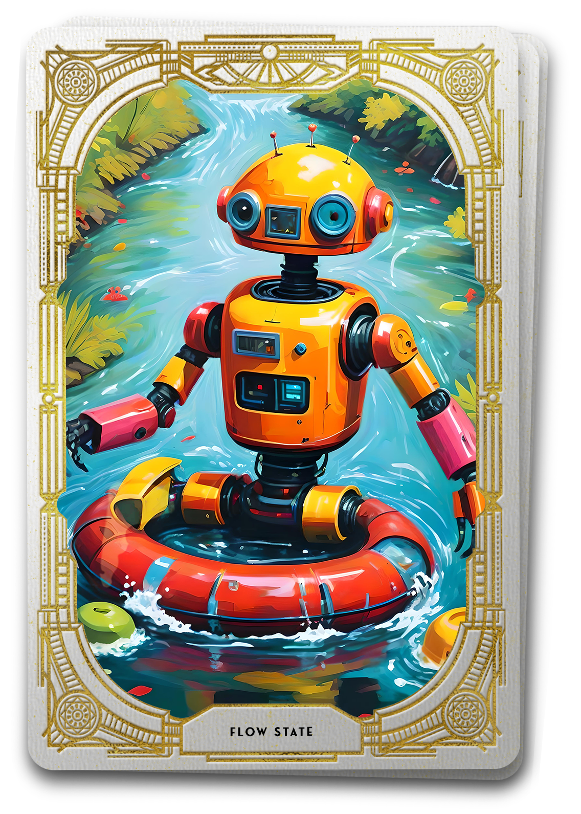 Illustration of a robot enjoying a leisurely float down a lush flowing river symbolic of the concept of Flow state in UX design.