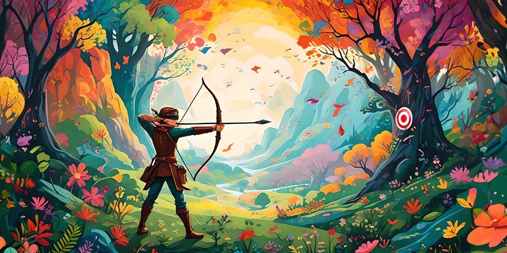 A blindfolded archer takes aim at an impossibly difficult target illustrating the concept of the Fitt's Law in UX design.