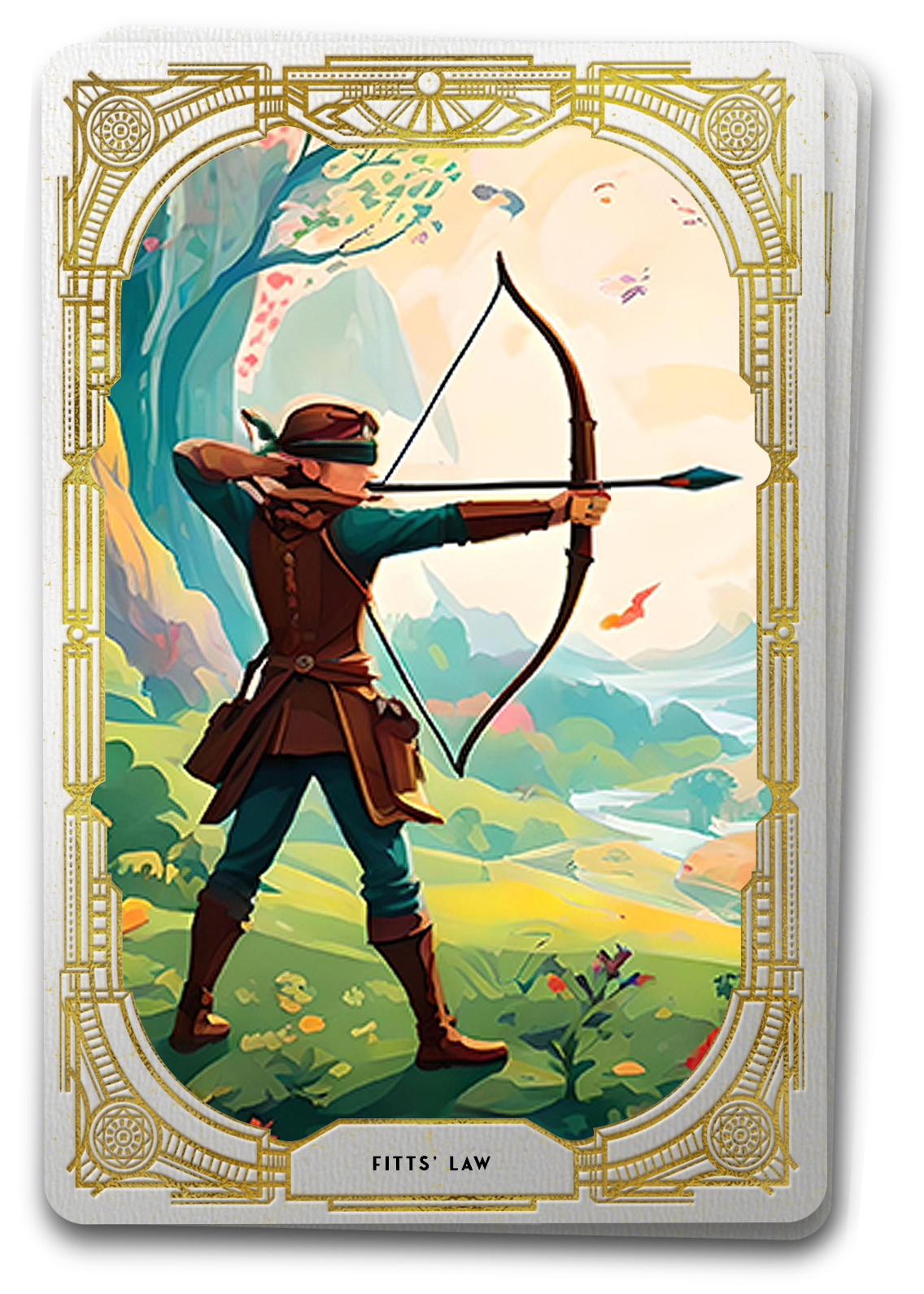 A tarot card featuring the image of a blindfolded archer takes aim at an impossibly difficult target illustrating the concept of the Fitts' Law in UX design.